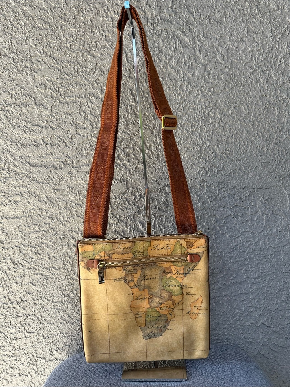 Alviero Martini Map-Print Crossbody Bag in Tan and Brown